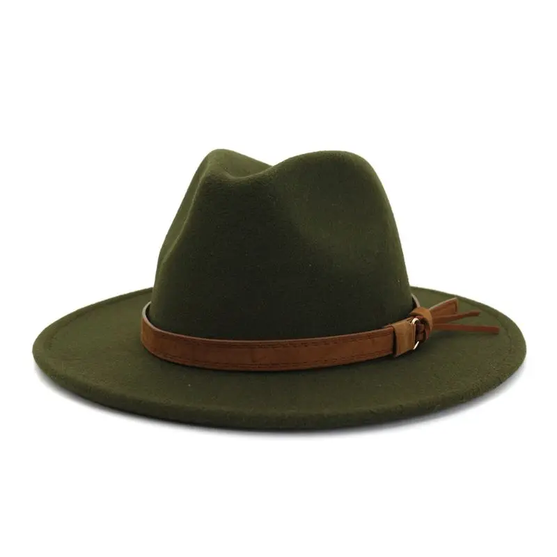 Classic Flat Wide Brim Hat Womens Faux Felt Floppy Fedora Jazz Cap with Buckle Belt