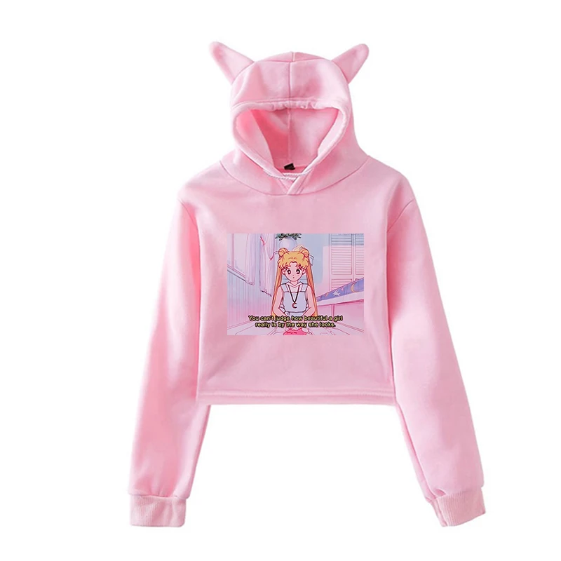 Унисекс с длинным рукавом Короткие толстовки Сейлор Мун эстетические Kawaii кофты осень Забавный пуловер с капюшоном для женщин мужчин хип хоп одежда
