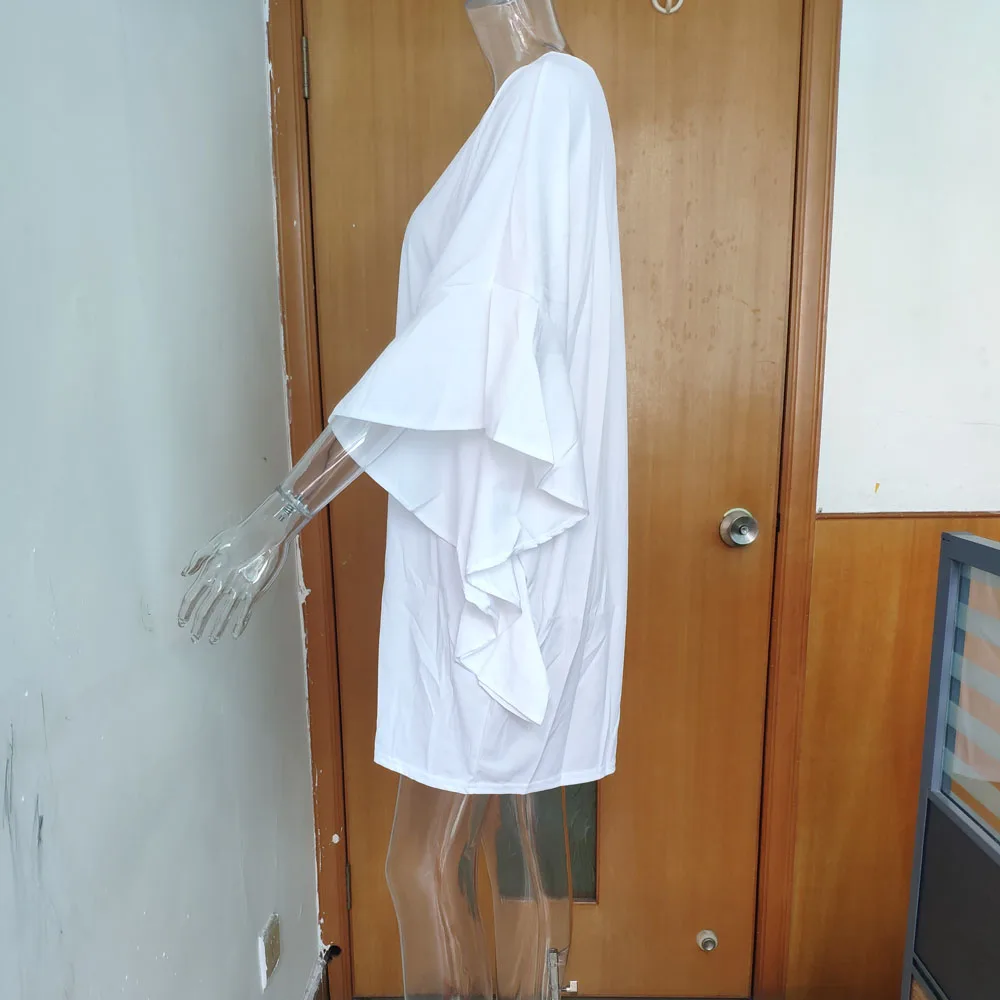 Белое Свободное платье для женщин три четверти рукав-бабочка плюс размер мини-платье футболка Повседневный Сарафан летний Бохо Vestidos