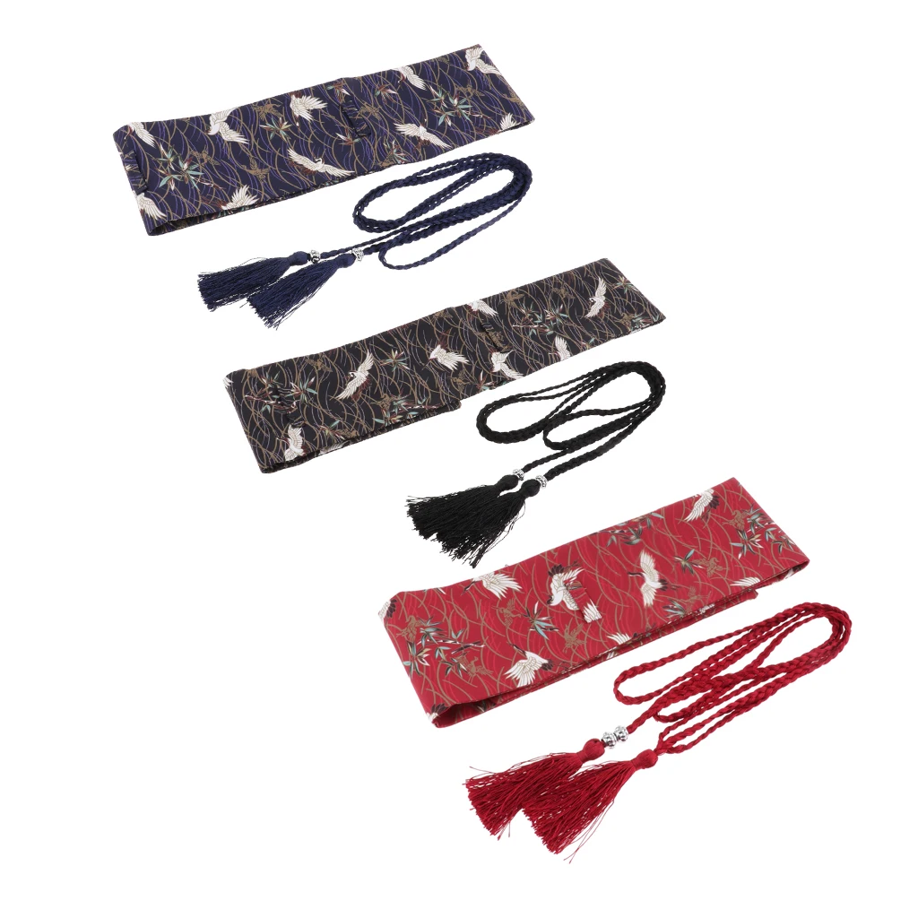 Vintage Obi Belt Crane Floral Printed Lace Up Wide Waist Belt for Ladies