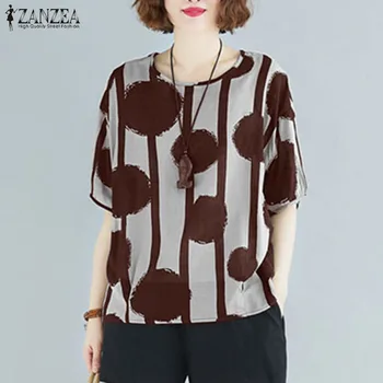 

2020 Summer Short Sleeve Blouse ZANZEA Women Polka Dots Printed Shirts Vintage Casual O Neck Basic Tunic Tops Blusas Chemise 5XL
