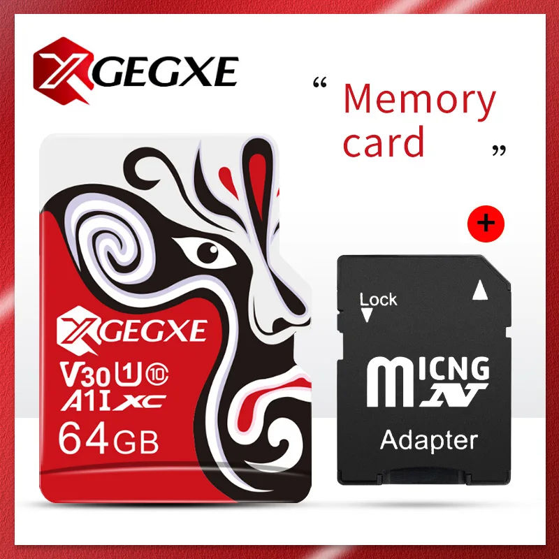 64gb with adapter Карта памяти XGEGXE, 32 ГБ, A1, Micro SD, 16 ГБ, 64 ГБ, 128 ГБ, 256 ГБ, Китайская опера, маска, TF карта, класс 10, для смартфона, камеры, ноутбука - Емкость: 64gb with adapter