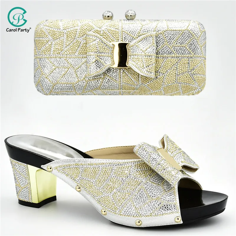 

Fashionable Nigerian Shoes and Bag Set African Sets Sliver Color Italian design Shoes with Matching Bags for Wedding Party