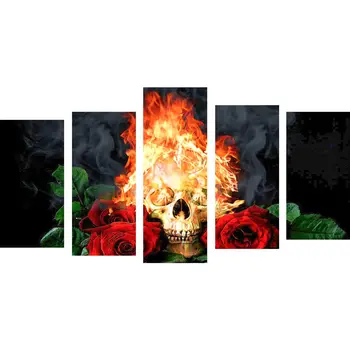 

5d Diy Full Round Drill Diamond Painting Fire Skull Pattern Landscape 5 Panel Mazayka Embroidery Home Decor Crystal Art Kit