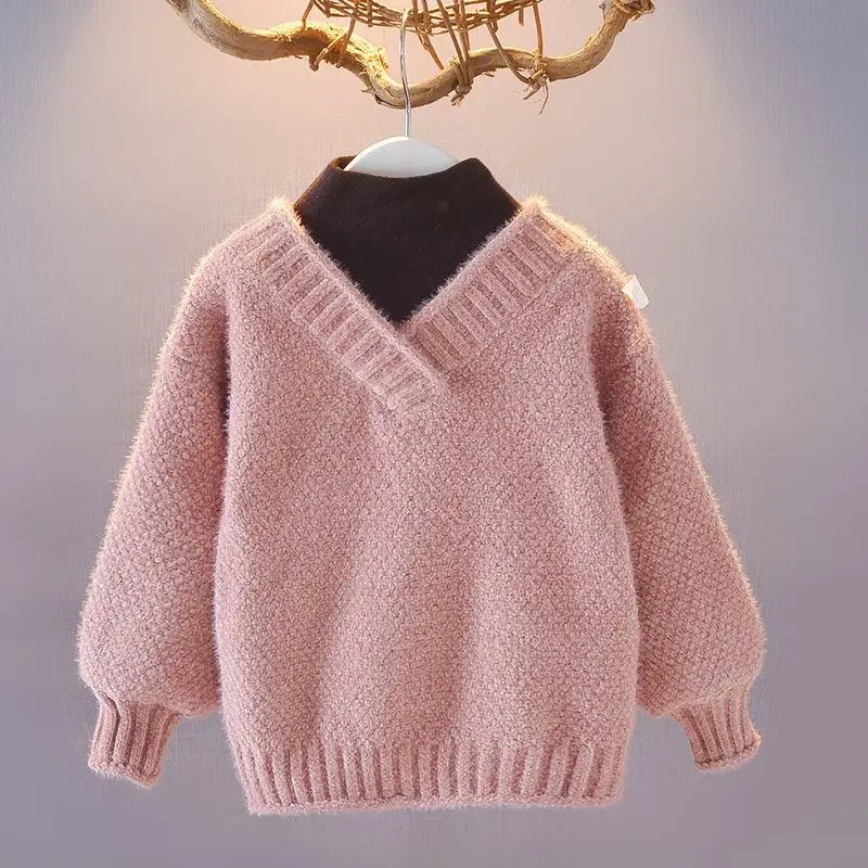 Осень-зима ; Новинка; Детский свитер из искусственного меха норки для девочек; детский пуловер для девочек; вязаная водолазка; теплая плотная флисовая одежда; N61