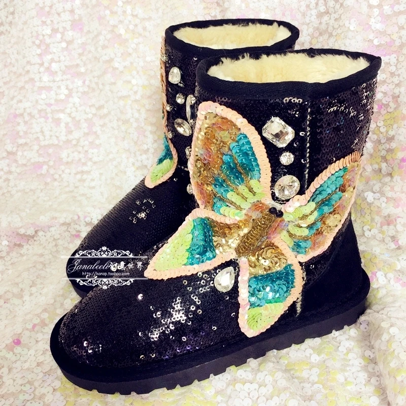 

Womens Sequins Bling Butterfly Match Colors Mid Calf Boots Rhinestones Fleece Liner Warm Winter Snow Flats Shoes Black Luxury