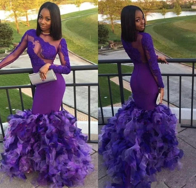

Sexy Purple Mermaid Prom Dresses 2019 for African Girls Floor Length Illusion Back Appliqued Party Evening Gown Long Sleeves