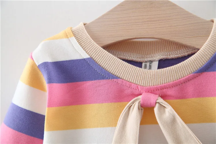 Baby Girls Dress Autumn Winter Cotton Long Sleeved Princess Dress Toddler Rainbow Striped Carrot Dress Children Bow Dress