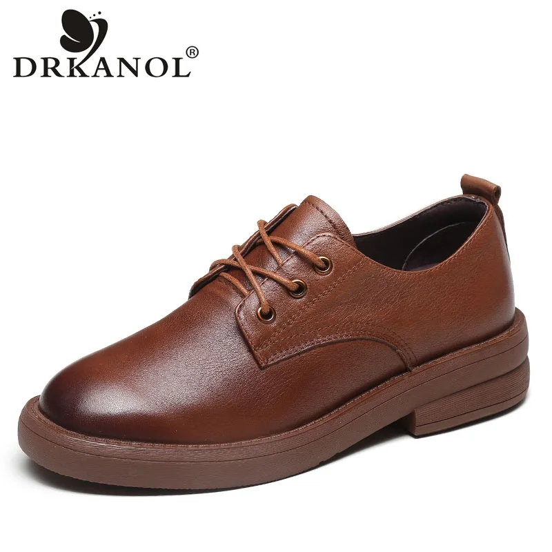 DRKANOL British Style Women Oxford Shoes 100% Genuine Cow Leather Handmade Retro Lace Up Casual Flat Shoes Chaussures Femme