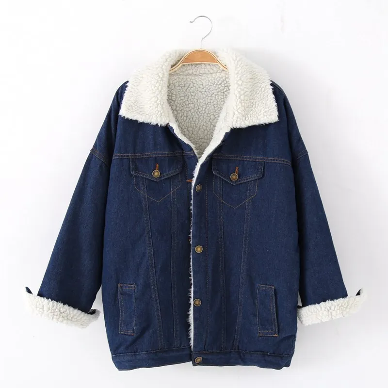 

Spring Autumn Winter Women Lambswool Jean Coat With 4 Pockets Long Sleeves Warm Jeans Coat Button Outwear Wide Denim Jacket