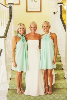 

Ruched Halter Bridesmaid Dress for Beach Weddings Mint Green Chiffon Mini A Line Sexy Backless Vestido De Festa Party Gowns