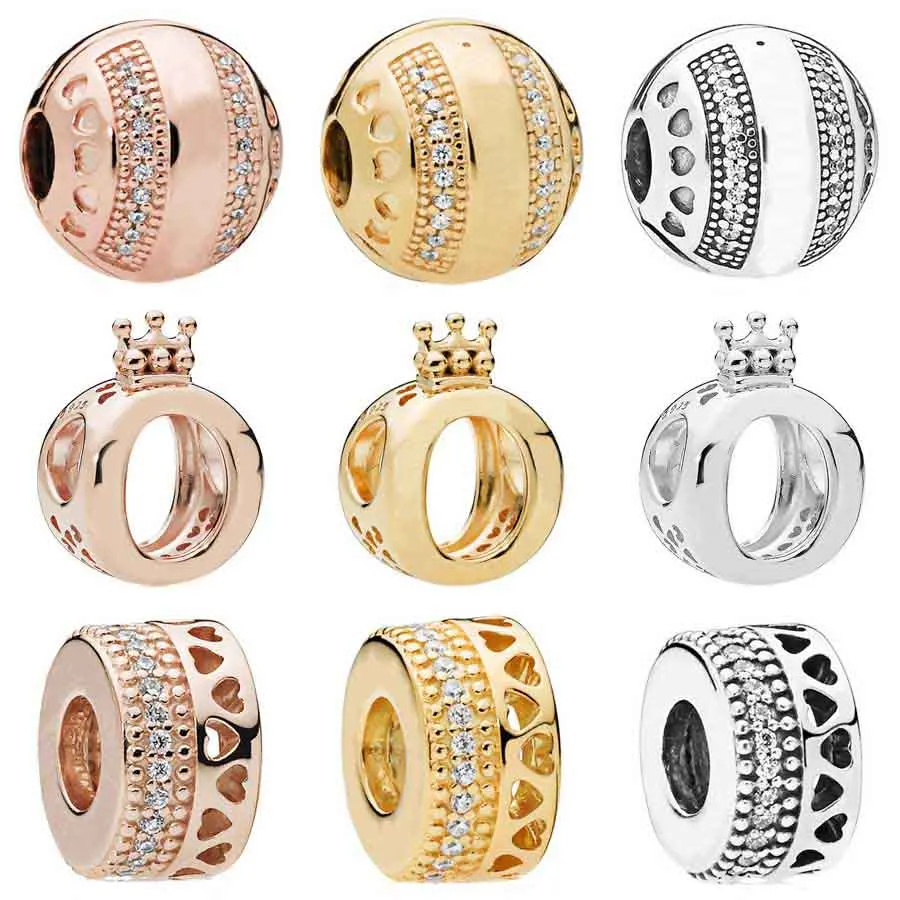 QANDOCCI Rose Gold Shine Openwork Crown O Hearts Of Logo Clip Charms Fit Pandora Bracelet 925 Sterling Silver BeadJewelry | Украшения и