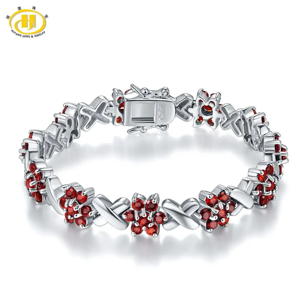 Hutang Solid 925 Sterling Silver Flower Bracelet for women Natural 7.7Ct Garnet Fine Jewelry