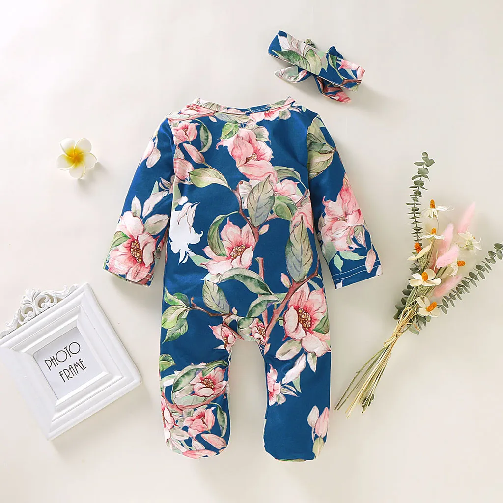 kaifongfu Infant Baby Girls Boys Floral Bodysuits Footed Sleeper Romper Headband Clothes Outfits 