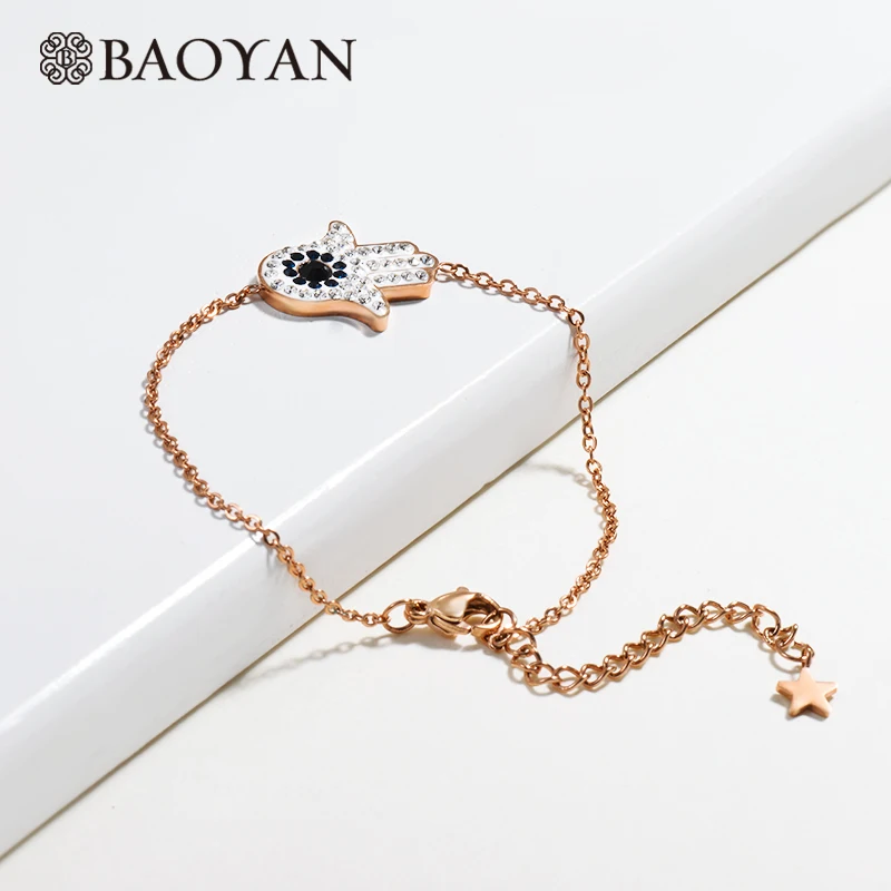 Rose Gold Baoyan Хамса Фатима браслет с подвесками на руку черно-белые стразы браслет на руку из нержавеющей стали браслеты на цепочке для женщин - Окраска металла: Rose Gold