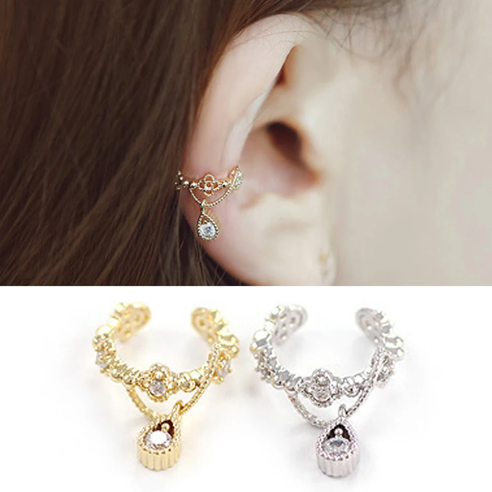 

ear cuff 1pc Silver Gold Water Drop Crystal Rhinestone Ear Cuff Elegant Cartilage Pendant Earrings No Piercing