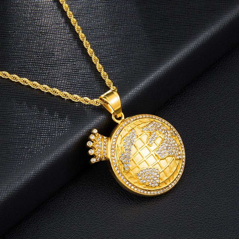 

Earth Crown Shape Zircon Full AAA Rhinestone CZ Stone Paved Bling Iced Out Pendants & Necklaces For Men Hip Hop Jewelry