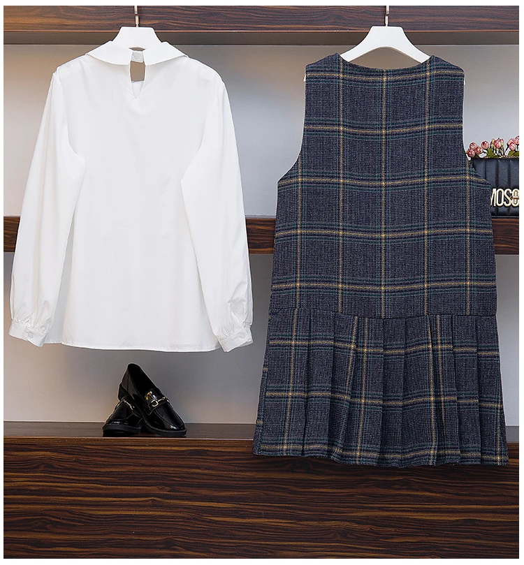 MissLymi, L-4XL размера плюс,, большой размер, женский, для колледжа, белый кардиган, рубашка+ клетчатый жилет, плиссированное платье, костюм, куртка, 2 предмета