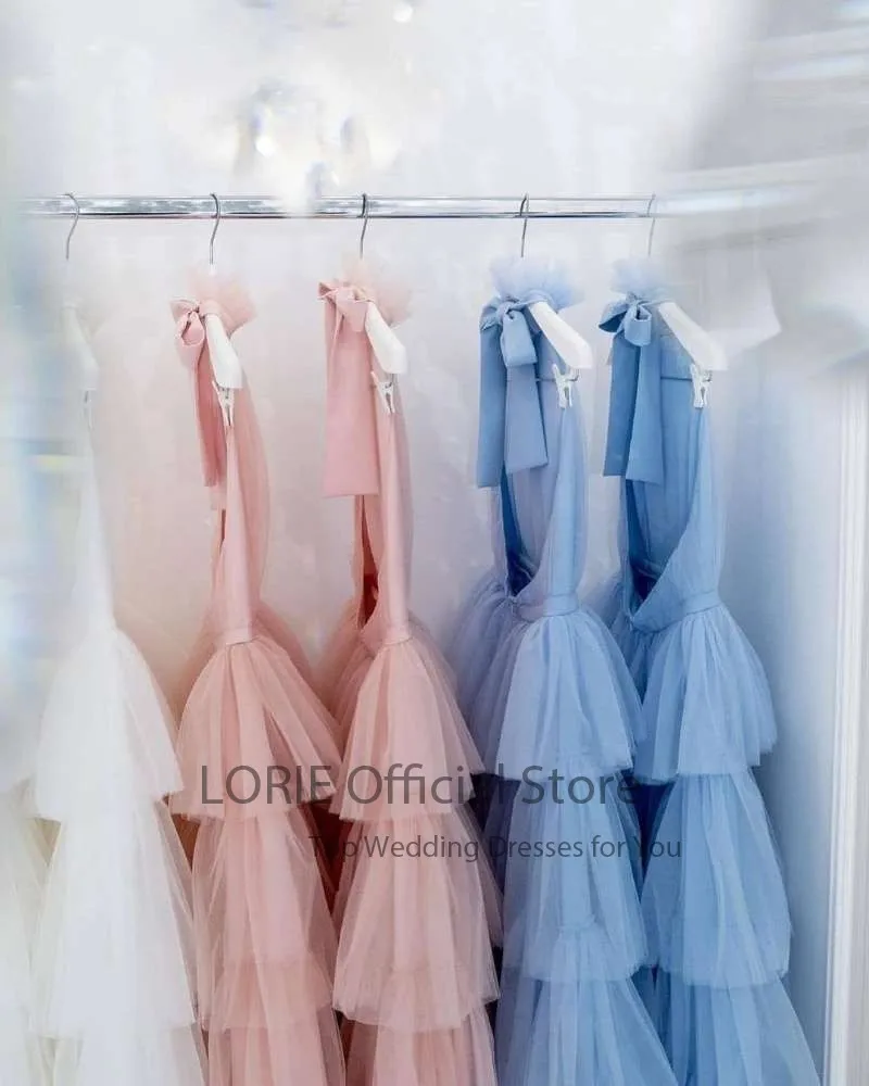 LORIE Baby Blue Prom Dresses High Neck Tiered Tulle Tea Length Backless Summer Arabic Wedding Party Gown Graduation Dress 2021
