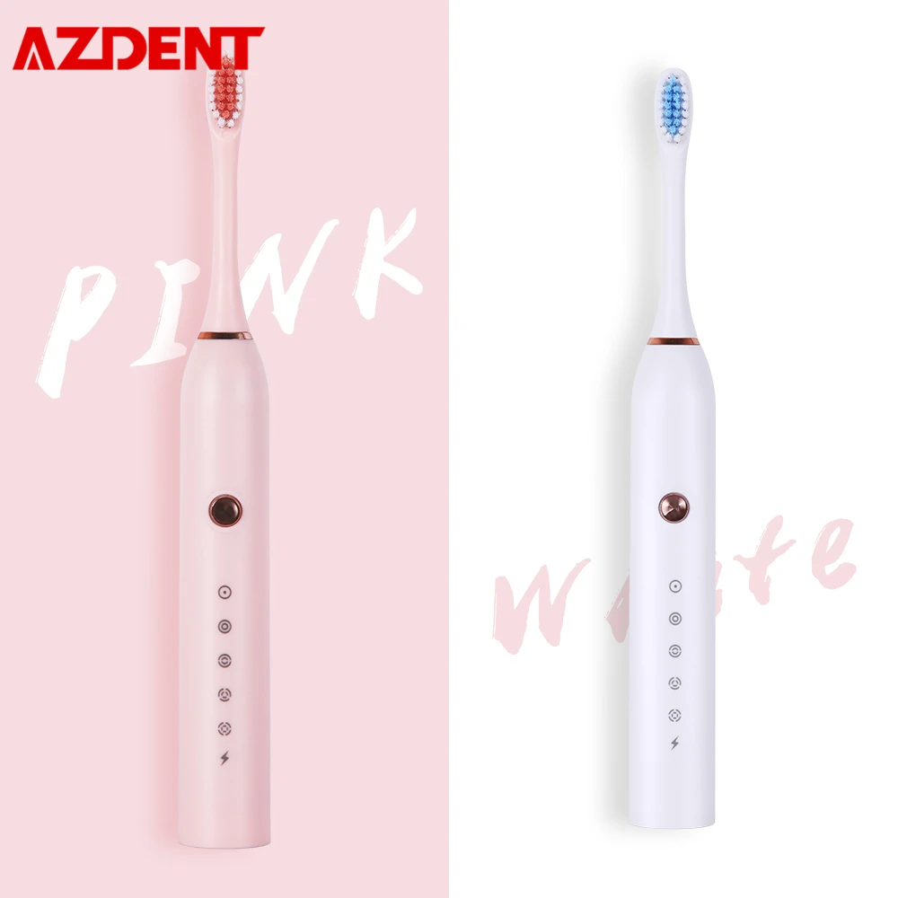 

AZDENT USB Rechargeable Electric Toothbrush Pink White Ultrasonic Waterproof Teeth Brush 5 Mode Clean Soft Massage White Gumcare