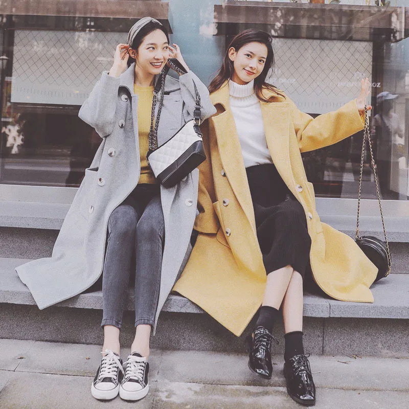 

Photo Shoot Small Yellow Plaid Woolen Coat Women's Mid-length 2019 Winter New Style Korean-style Loose Casual Duffle Coat