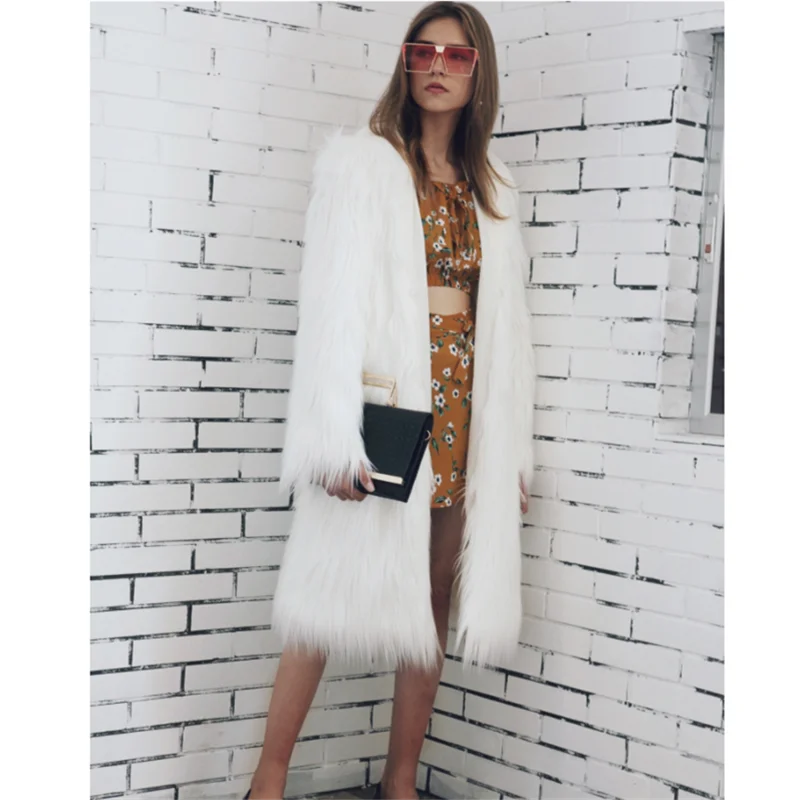 Winter Women Elegant Fashion Long Coat Plus Size Hooded Streetwear Faux Fur Black Coat