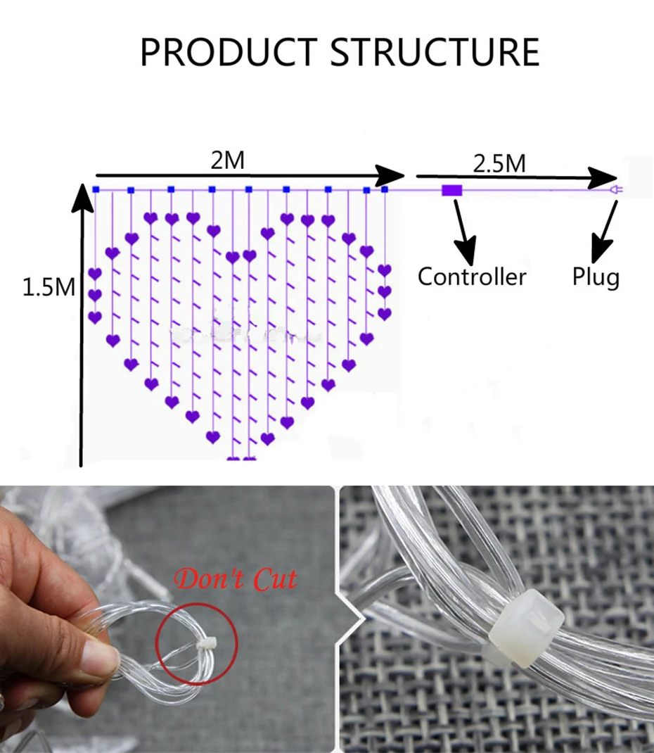Рождественский светильник с сердечками 2*1,5 м, светодиодный светильник для занавесок, 8 режимов, светильник для свадебной вечеринки и сада