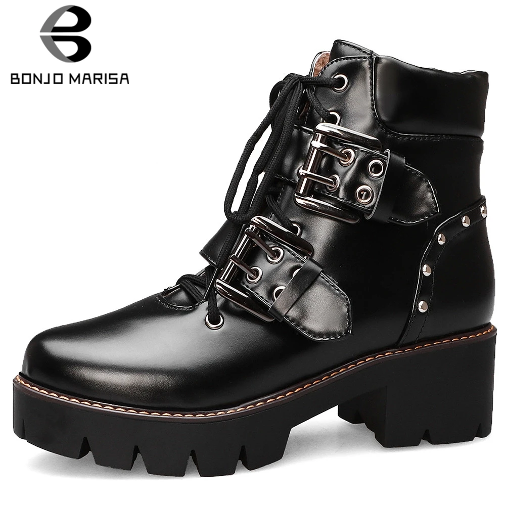 

BONJOMARISA New Girl Buckle Strap Booties Ladies 32-43 Black Ankle Platform Boots Women 2019 Winter Chunky Heels Shoes Woman