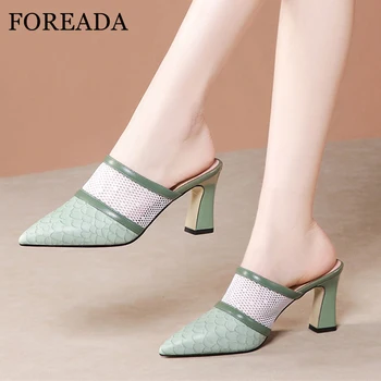 

FOREADA Slippers Woman Mules Shoes Natural Genuine Leather Square High Heels Sheepskin Pointed Toe Shoes Sandals Lady Size 34-39