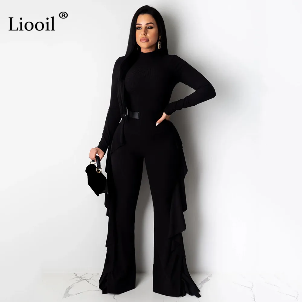 Liooil, синий, черный, сексуальный женский комбинезон с оборками,, длинные рукава, открытые, вечерние, Клубные комбинезоны, обтягивающие боди, широкие брюки