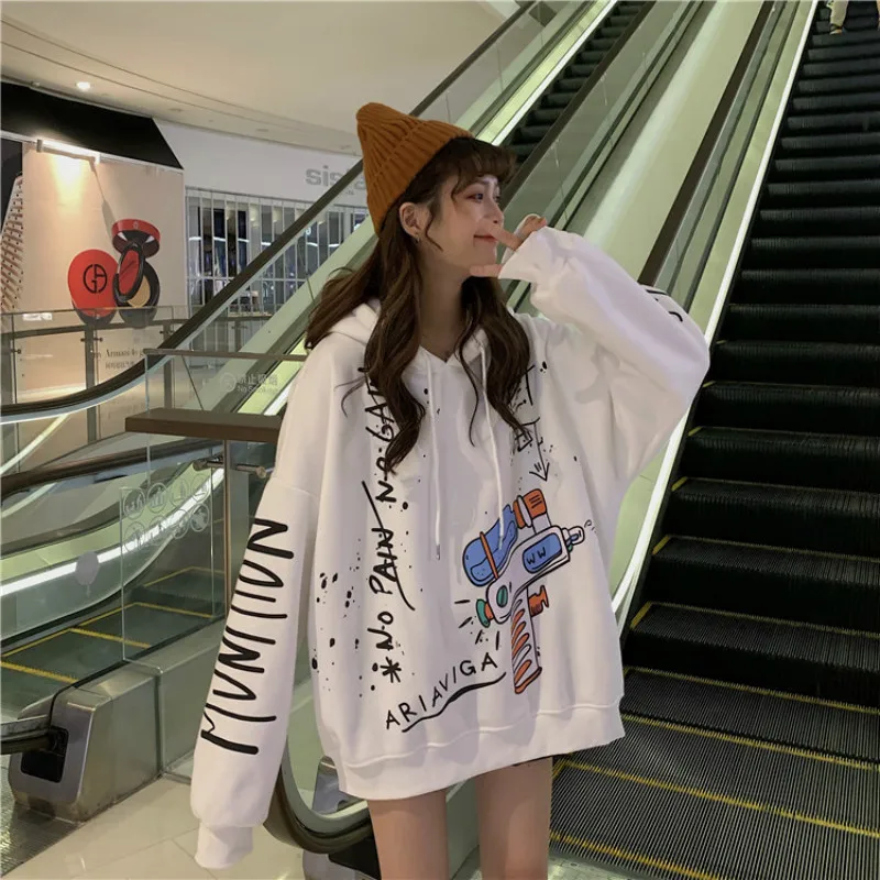 Корейская мода мультфильм печати балахон для женщин Зимний пуловер Harajuku негабаритных с длинным рукавом Толстовка школьницы уличная - Цвет: Белый