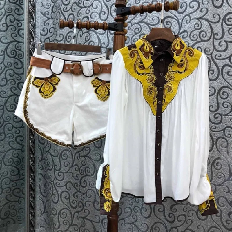 

Top Grade Designer Clothing Sets 2019 Spring Summer Short Sets Women Vintage Embroidery Long Sleeve Shirts+Short Suit & Sets 2pc