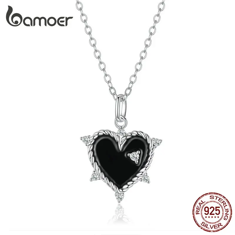 Bamoer черная эмалированная подвеска в виде сердца, ожерелье для девушек, цепочка для эмоций, ожерелье, стильное модное ювелирное изделие, аксессуары для девочек SCN350