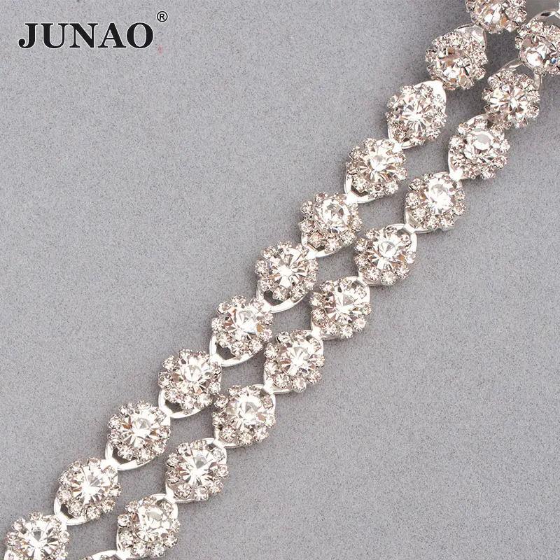 Silver Clear JUNAO 1 ярд разноцветный цветочный стразы отделка стеклянная металлическая цепочка блеск кристалл аппликация пришить платье костюм аксессуары - Цвет: Silver Clear