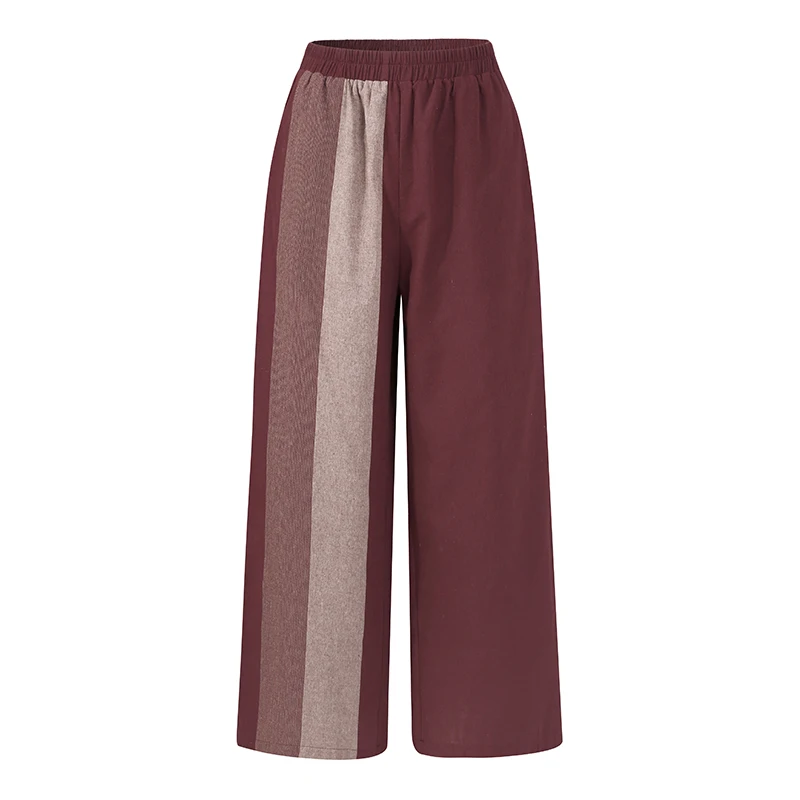 ZANZEA Women Autumn Cotton Linen Trousers Casual Wide Leg Pants Elastic Waist Color Block Pantalon Vintage Palazzo Streetwear 7