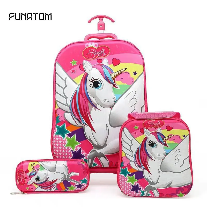 Children 3D Suitcase Child Bag Girl Stair Pull Box Roller Multicolor Suitcase School Backpack with Wheel Trolley Case 5 Colors