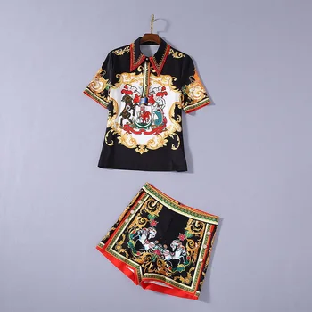 

European and American women's dress 2020 summer new styles short sleeves Retro print shirt beaded lapels shorts Fashion suits
