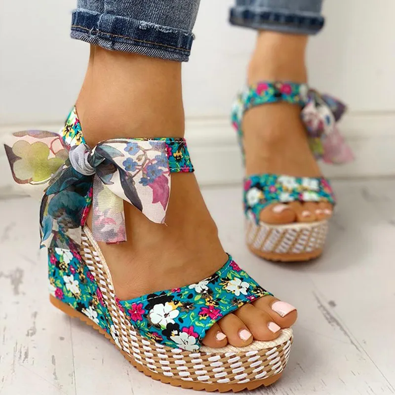 

Summer Wedge Sandals Female Floral Bowknot Platform Bohemia High Heel Sandals Fashion Strap Open Toe Ladies Shoes