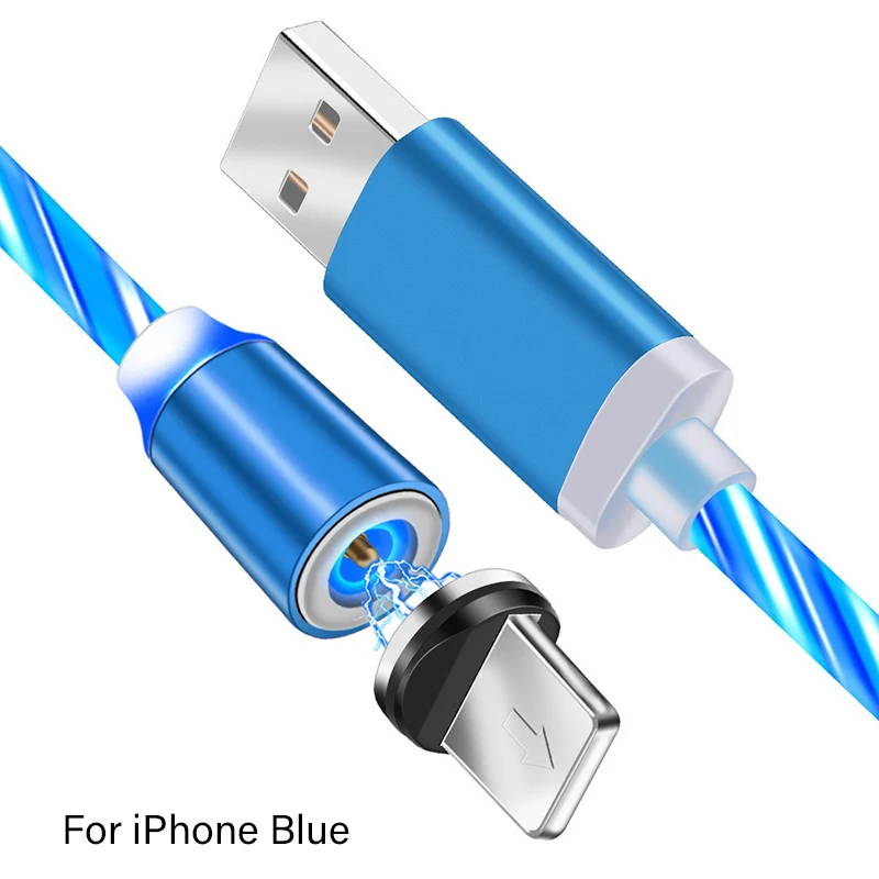 Светодиодный магнитный usb-кабель Micro USB type C, Яркий светящийся зарядный шнур, 1 м, быстрая зарядка для iPhone 7 X, samsung, Xiaomi, кабель - Цвет: Blue For iphone