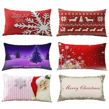 

Christmas Tree Snowflake Santa Pillow Case Rectangle Linen Cushion Cover Decor