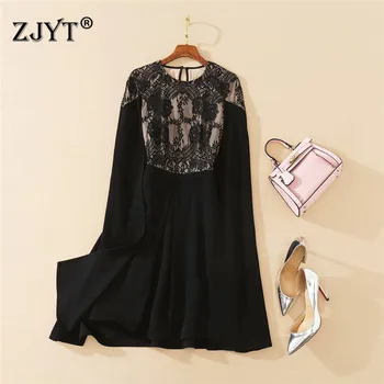 

2020 New Autumn Designer Runway Women Elegant Lace Patchwork Batwing Sleeve Loose Cloak Dress party Black Vestidos