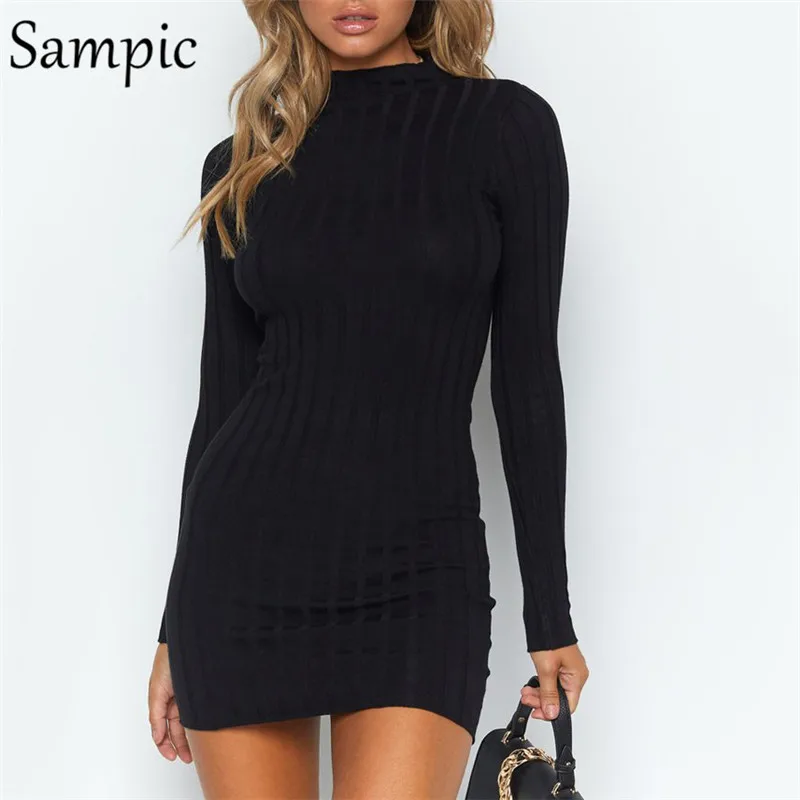

Sampic Long Sleeve Knitted Bodycon Woman Dress Turtle Neck Vintage Elegant Autumn Short Dresses Black Fashion Women Mini Dress