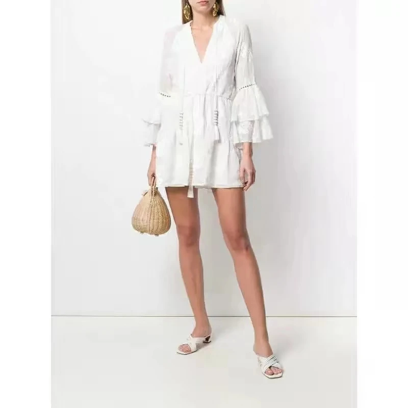 

2019 New Trend Women V-Neck Two Layer Flare Sleeve Lace Embroidery Drawstring High Waist Sexy White Vacation Boho Female Dresses