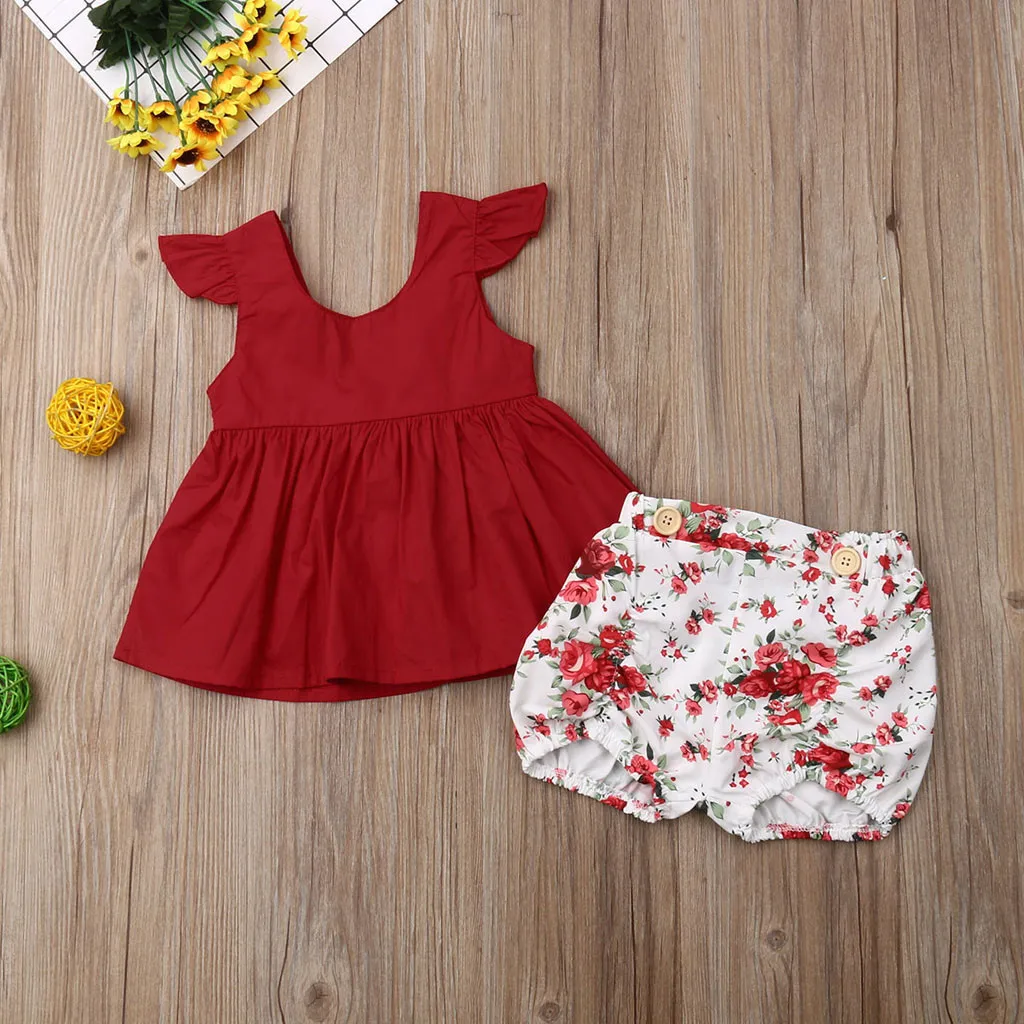 Toddler Baby Kids Girls Solid Vest Tops+floral Printing Shorts Outfits Sets Kids Baby Girls Fashion Clothes Set 0-2 Years Old