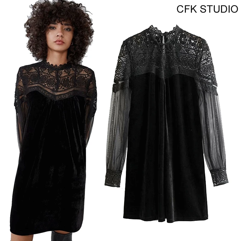 

CFK women minidress autumn casual long sleeve shirtdress 2019 new o-neck lace printed elegant sexy party velvet minidress