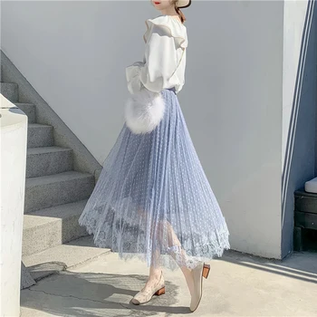 

Lucyever Elegant Women Mesh Skirt Elastic High Waist Spring Summer Long Tulle Skirt Casual Korean A Line Blue Dot Ladies Faldas