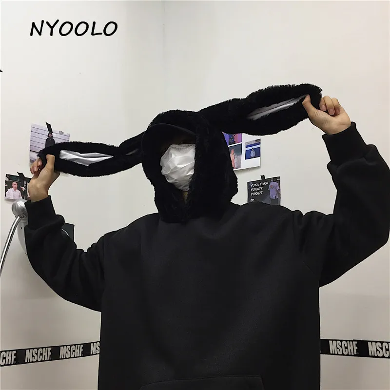 NYOOLO Harajuku стиль Свободные толстовки с заячьими ушками осень зима плюс бархат длинный рукав с капюшоном Пуловеры Толстовка для женщин и мужчин топы - Цвет: Черный