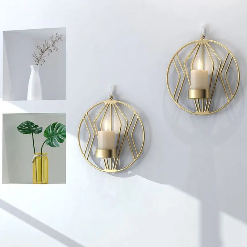 3D Geometric Round Iron Tealight Candle Holder Nordic Style Sconce Wedding Party Candlestick Home Wall Decor