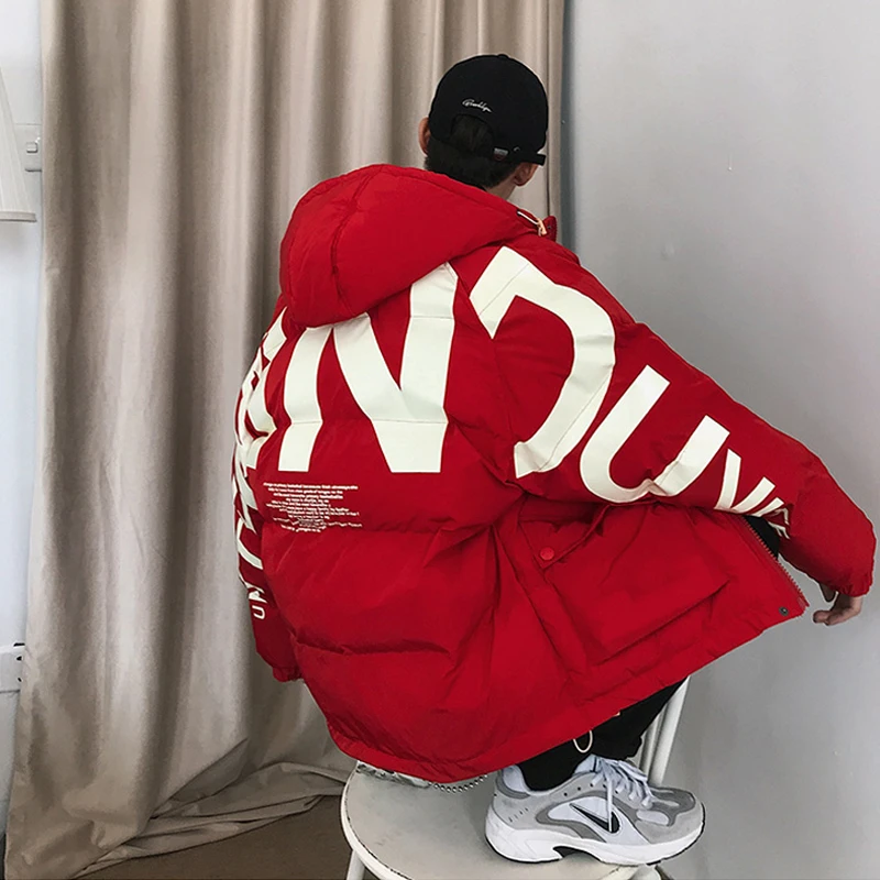 2019 Thick Warm Men Winter Jacket Clothes Casual Loose Harajuku Mens Parkas Coats Hooded Print Red Male Windbreaker 2019 Thick Warm Men Winter Jacket Clothes Casual Loose Harajuku Mens Parkas Coats Hooded Print Red Male Windbreaker