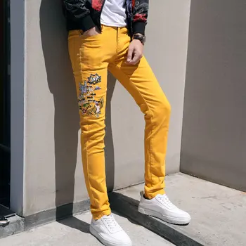 

Pantalon Homme Embroidered Jeans Men's Spring Casual Slim Stretch Print Pants Yellow Green Pink Fashion Men's Straight Jeans